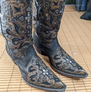 Corral Boots women's Python snake black inlay Swarovski indigo gems, rhinestones